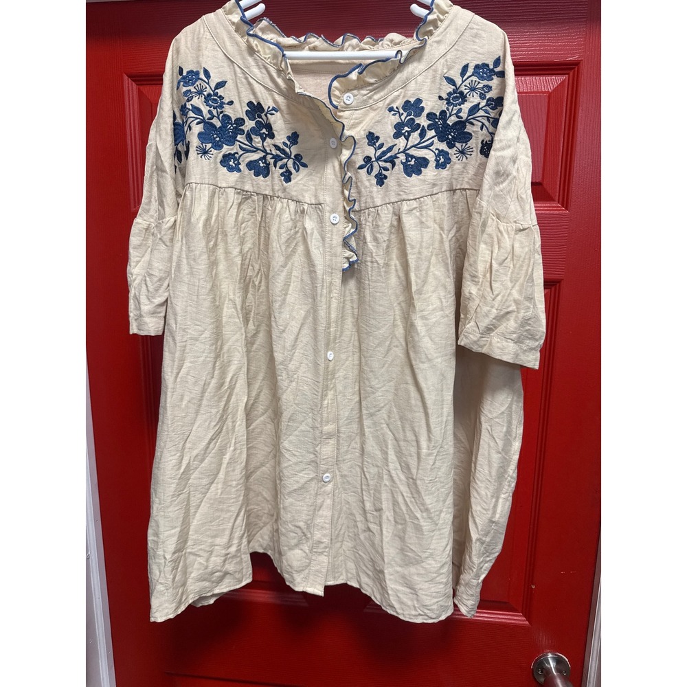 Shein Curve 6XL Floral Embroidered Ruffle Neck Button Down Tunic Top Beige